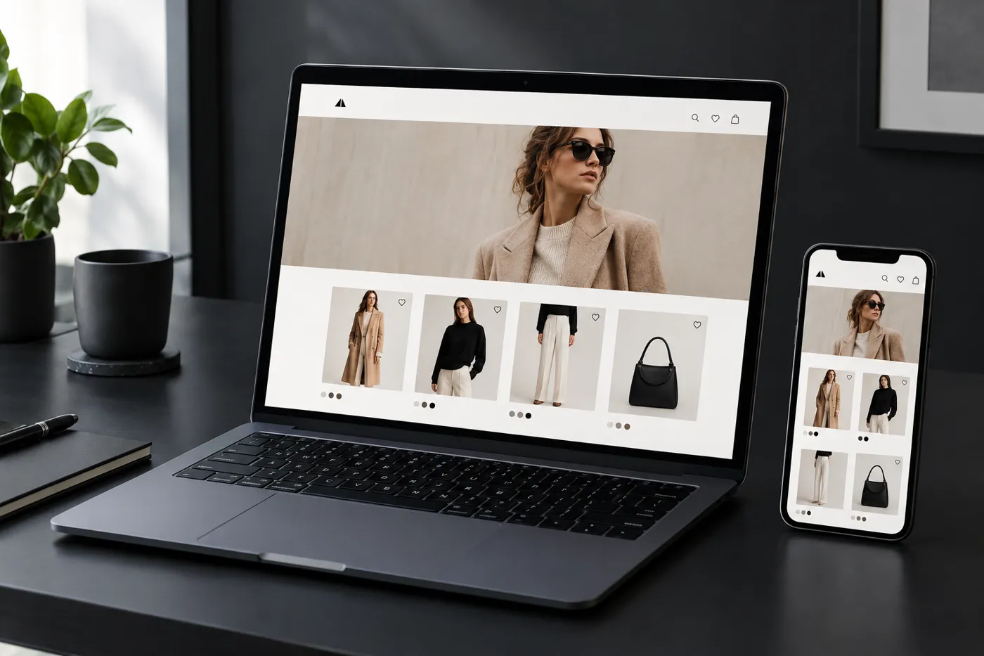 E-commerce website shown on a laptop and phone